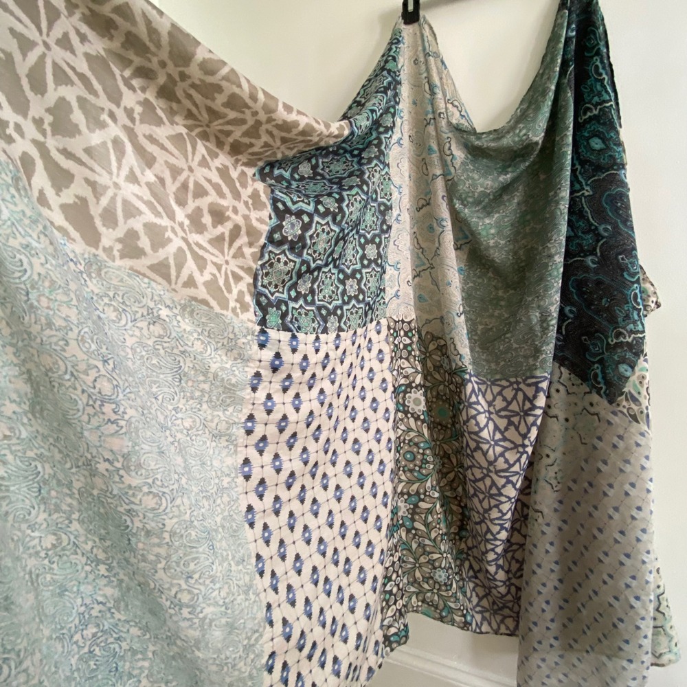 Bohemian Patchwork Mixed Print Scarf Teal Blue Paisley Geometric Tassel Trim